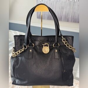 Michael Kors Hamilton Black Leather Satchel Tote Gold Lock Key Chain Strap